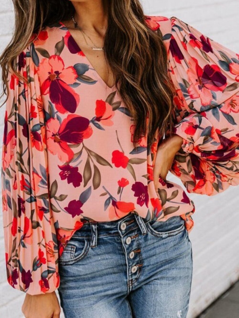 Medium Peach Blossom Printed Pleated Long pleated Sleeve Top peach magenta poppy - Picture 2 of 16